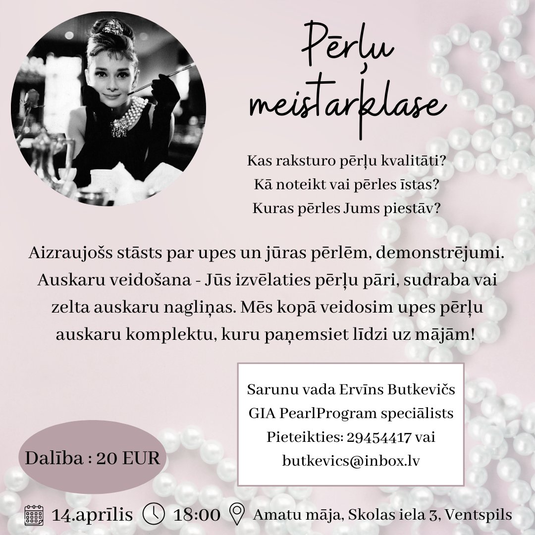 Aicinām dāmas uz vēl nebijušu meistarklasi Ventspils muzeja Amatu mājā!
📅 14.aprīlis
⏰ 18:00
📝 pieteikšanās: 29454417 vai butkevics@inbox.lv
