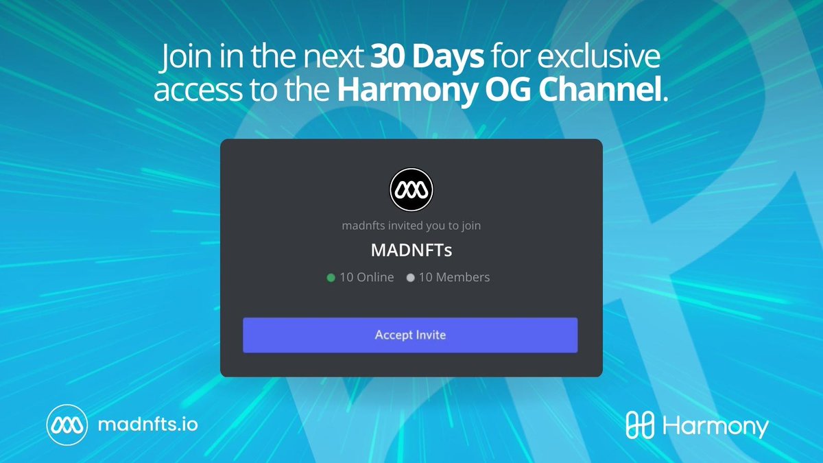 madnft_io's tweet image. Hey #Harmonyone Community!

We are excited to announce the creation of the MAD OG CHANNEL on our new Discord server  🚀

This private channel will be exclusive for all Harmony community members that join in the next 30 days!! keep an eye out for benefits announced later today 💙