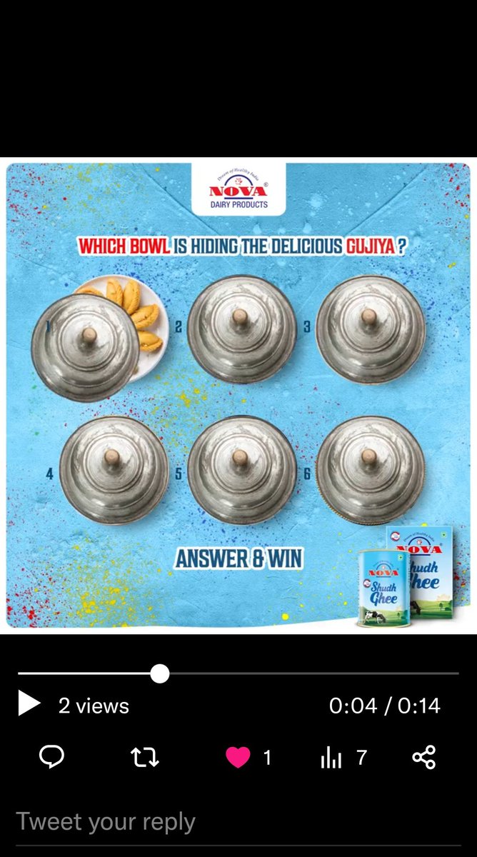 @novadairy Answer - Bowl 1 is hiding the delicious Gujiya. 
@novadairy 
Tagging 
@Simple_Silyy 
@Lokesh_jhaa 
@prashant2witts 
#contestalert #giveaway #ghee #novaghee #holi #holiweek #gujiya #sweets #dairy #dairybrand #celebrations