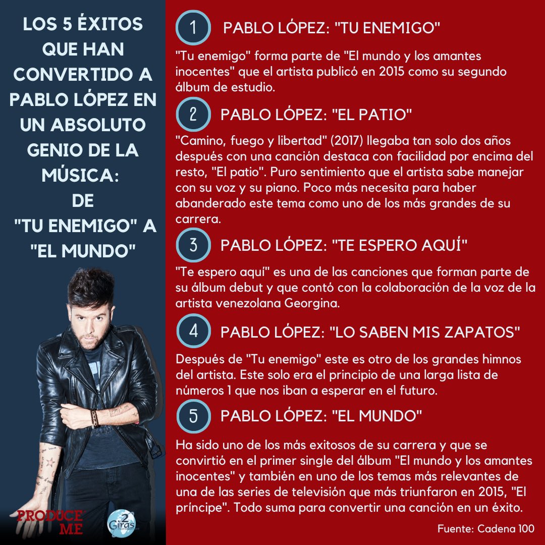 Hoy te traemos los 5 éxitos que han convertido a Pablo López en un absoluto genio de la música: de "Tu enemigo" a "El mundo". Te recordamos que el próximo 3 de Junio estará en Valencia y el 15 de septiembre en Jaén. Entradas disponibles en 👉🏻 raretickets.com/produceme/even…