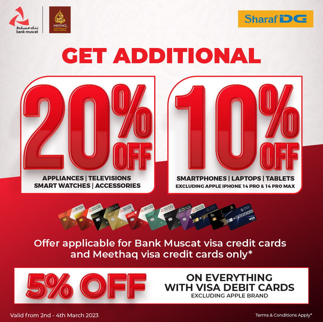 SharafdgOman's tweet photo. Enjoy an additional 20% off on Home Appliances, Electronics, Smart Wearables &amp; Accessories and an additional 10% off on all Smart Phones and IT (Laptops &amp; Tablets) with your Bank Muscat Visa Credit Cards. ​(Excluding iPhone 14 Pro and iPhone 14 Pro Max series)
#muscat #Oman https://t.co/bY8s4FKskN