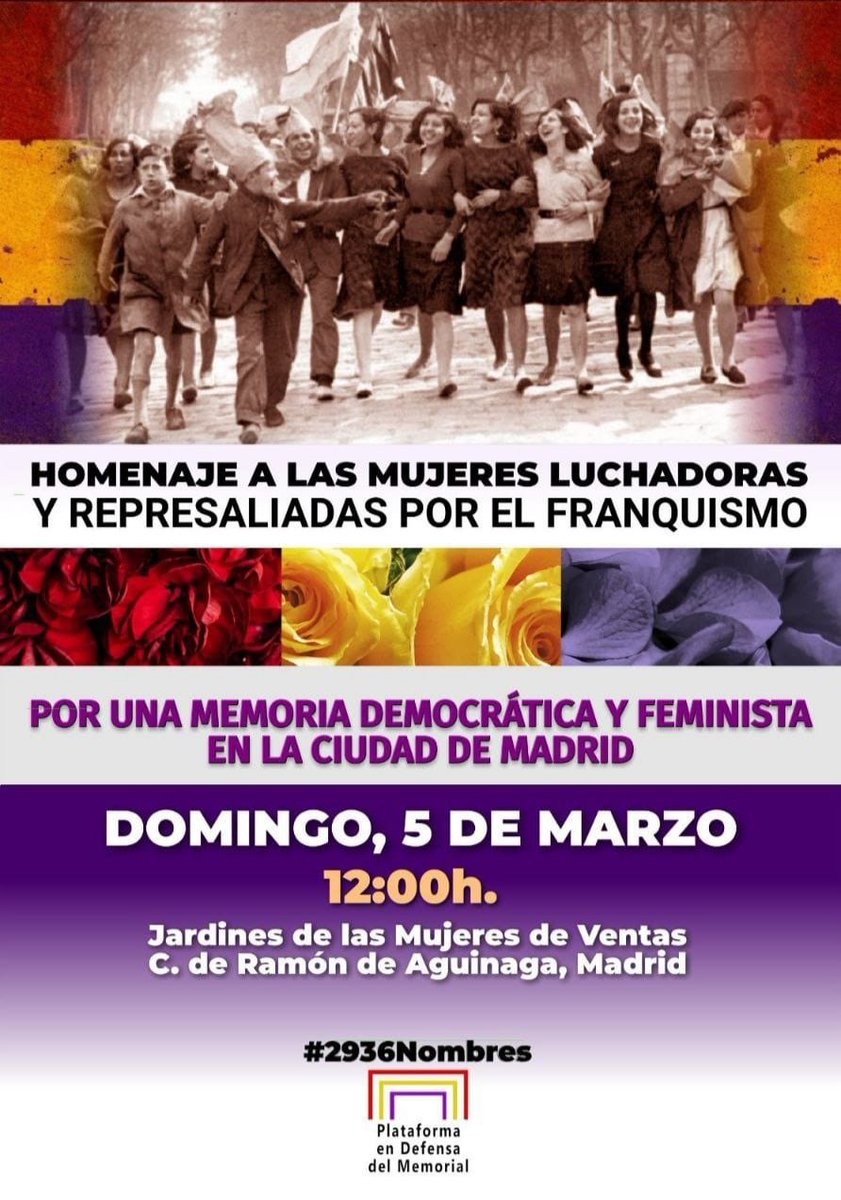 Domingo 5 de marzo, 12:00, en los Jardines de las Mujeres de Ventas. 

Acompáñanos para homenajear a las luchadoras y represaliadas por el franquismo, mujeres valientes que nos precedieron y a las que debemos un mundo mejor.

@PCementerio #8M #2936Nombres #8M23 #8M2023