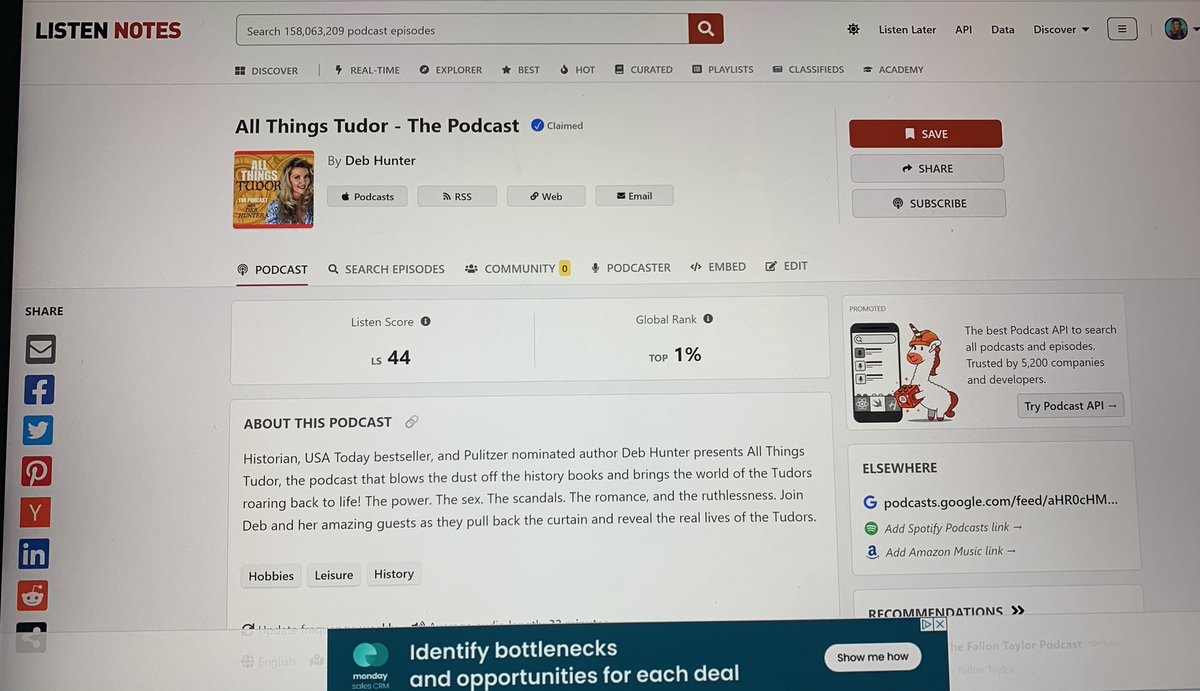 📣 Thank you for making All Things Tudor podcast 🎧 top 1% most listened to podcast out of millions! 

It also has a very high listener enjoyment score 🎧 new data per Listen Notes. 🏵️💯🫶