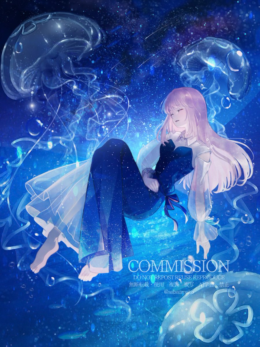 1girl jellyfish long hair dress barefoot closed eyes star (sky)  illustration images