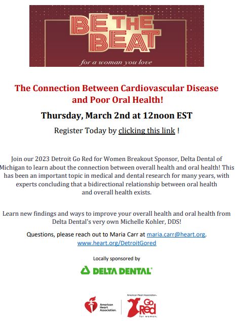MichiganAHA's tweet photo. REMINDER: Join 2023 #detroitgored breakout sponsor, @DeltaDentalMI TODAY at 12 NOON ET to learn about the connection between overall health and oral health! Register here: https://t.co/rdH4qozAC8 https://t.co/NJuOUKBYRu
