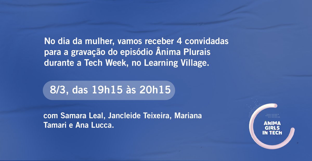 Em comemoração ao Dia Internacional da Mulher, será gravado o episódio Ânima Plurais do nosso Pod Girls in Cast no Learning Village. O evento será transmitido via YouTube, para os mais de 10 mil alunos dos cursos de TI da Ânima, na Tech Week.
Participe: youtube.com/live/EZXlAdy__…