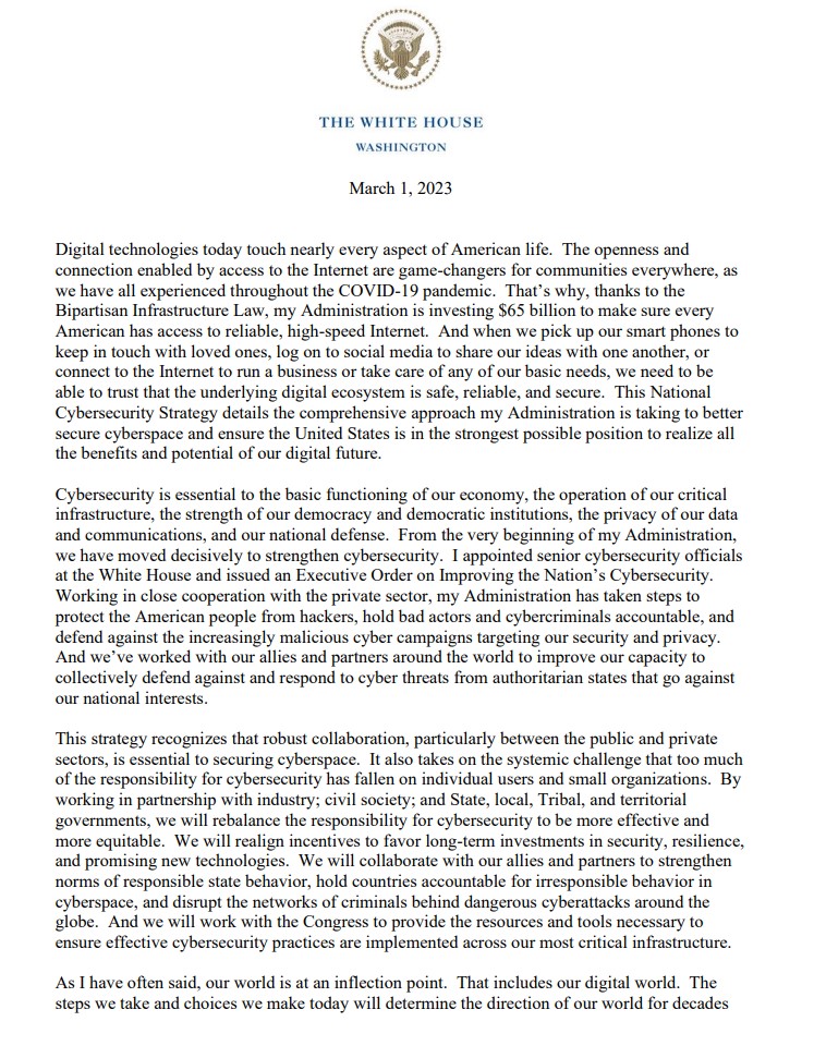 ericgeller's tweet photo. The Biden administration this morning released its long-awaited National Cybersecurity Strategy: https://t.co/5U3nCG9XD4

Major proposals include:
* New critical infrastructure regulatory authority
* Liability for software vendors
* Limits on private-sector data collection &amp; use https://t.co/pEUdoLD8by