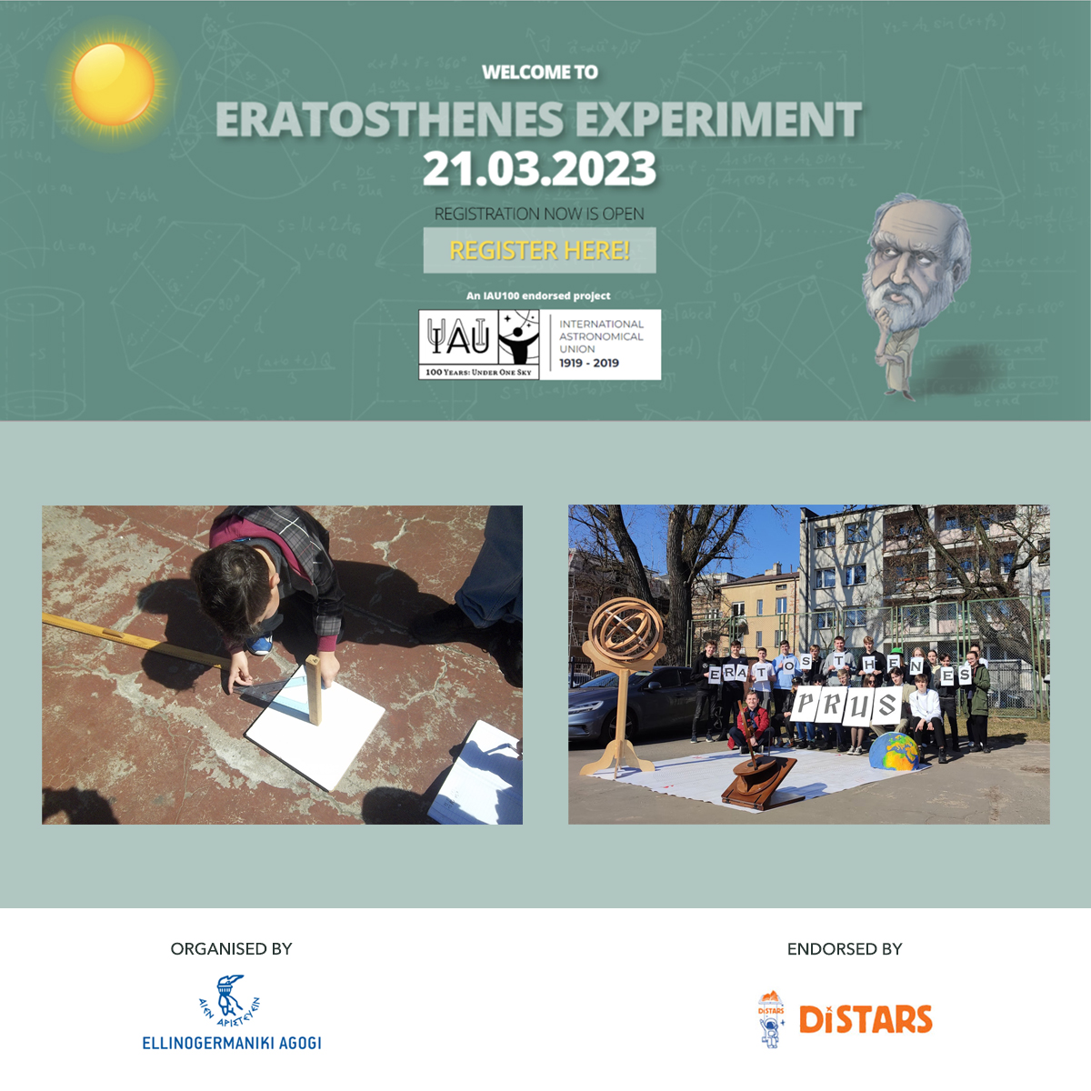 galileoteachers's tweet photo. 📍Join the #EratosthenesExperiment
📅 21 MARCH 2023
Learn more/REGISTER NOW 👇 https://t.co/Mzu70JqLpv
🔖Be part of this celebration of science and education by calculating the circumference of the Earth with your students.
#Eratosthenes
#EllinogermanikiAgogi #DiSTARS https://t.co/PrEFt1wd54