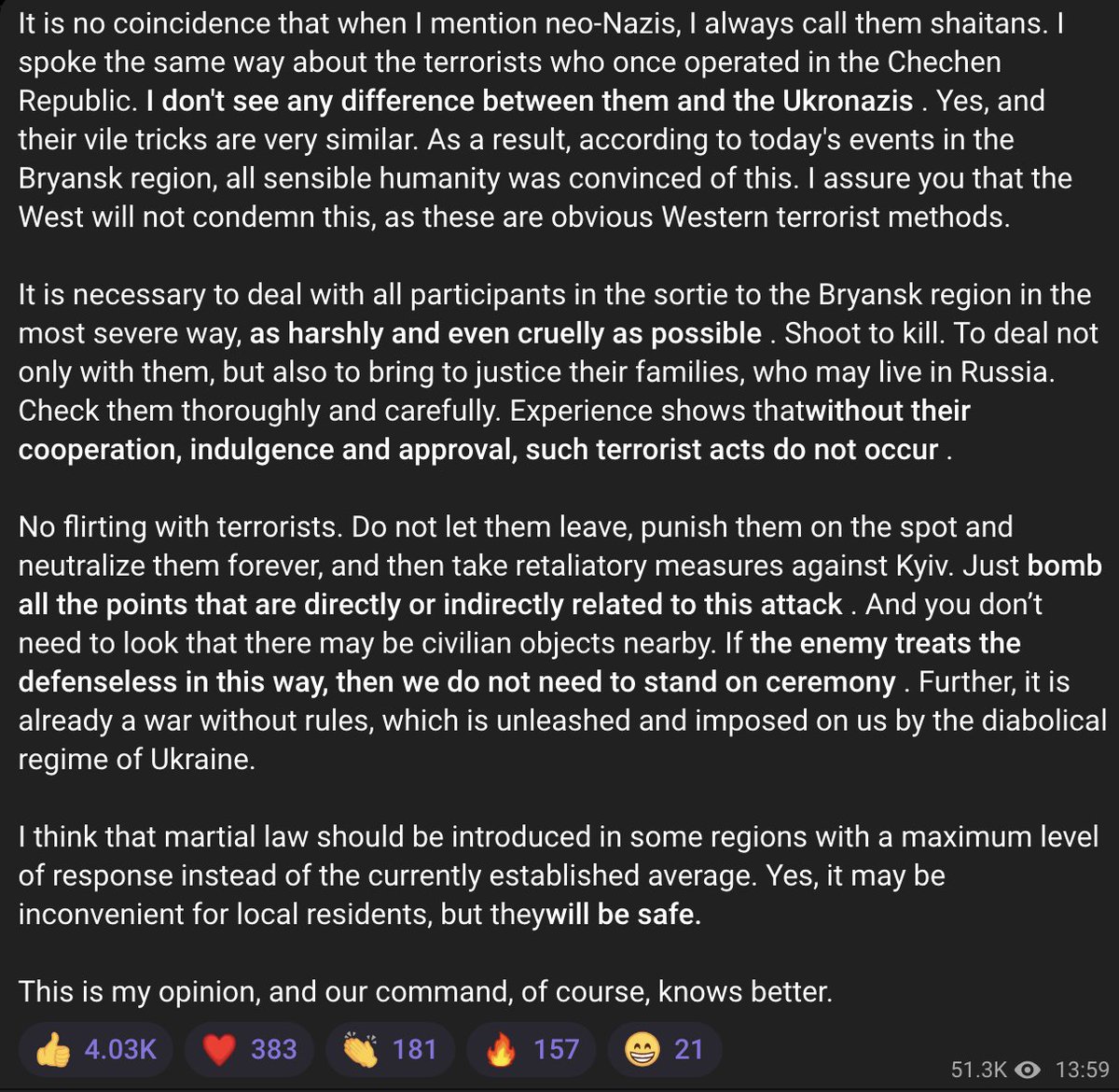 Kadyrov is not happy with what happened in Bryansk region today.

"Take retaliatory measures against Kyiv. Just bomb all the points that are directly or indirectly related to this attack. And you don’t need to look that there may be civilian objects nearby"