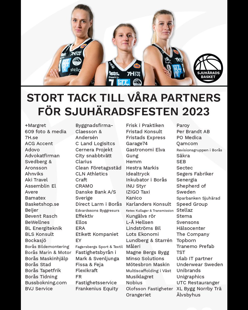 Stort tack till alla våra sponsorer som gjorde Sjuhäradsfesten möjlig i lördags! 🤩 Tack till publiken också som kom och stöttade laget 🥳

#sjuhäradsbasket #basketse #sbldam