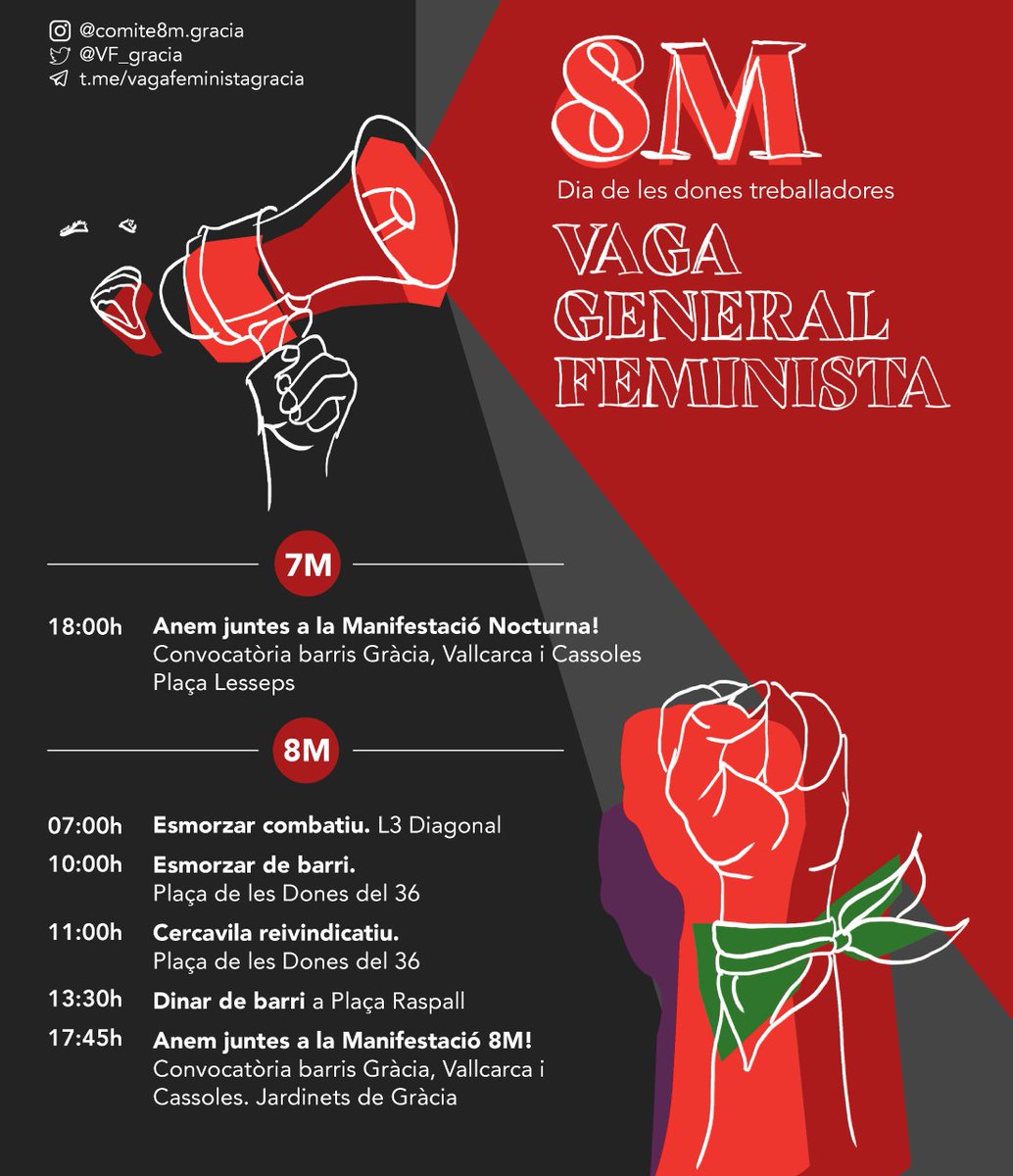 🟣 𝗩𝗔𝗚𝗔 𝗚𝗘𝗡𝗘𝗥𝗔𝗟 𝗙𝗘𝗠𝗜𝗡𝗜𝗦𝗧𝗔 𝟴𝗠 🟣

✊🏽 Les veïnes dels barris, viles i pobles, juntes i organitzades, unim les nostres veus per caminar cap a una vaga general feminista, anticapitalista i combativa!

#8M #VagaGeneralFeminista