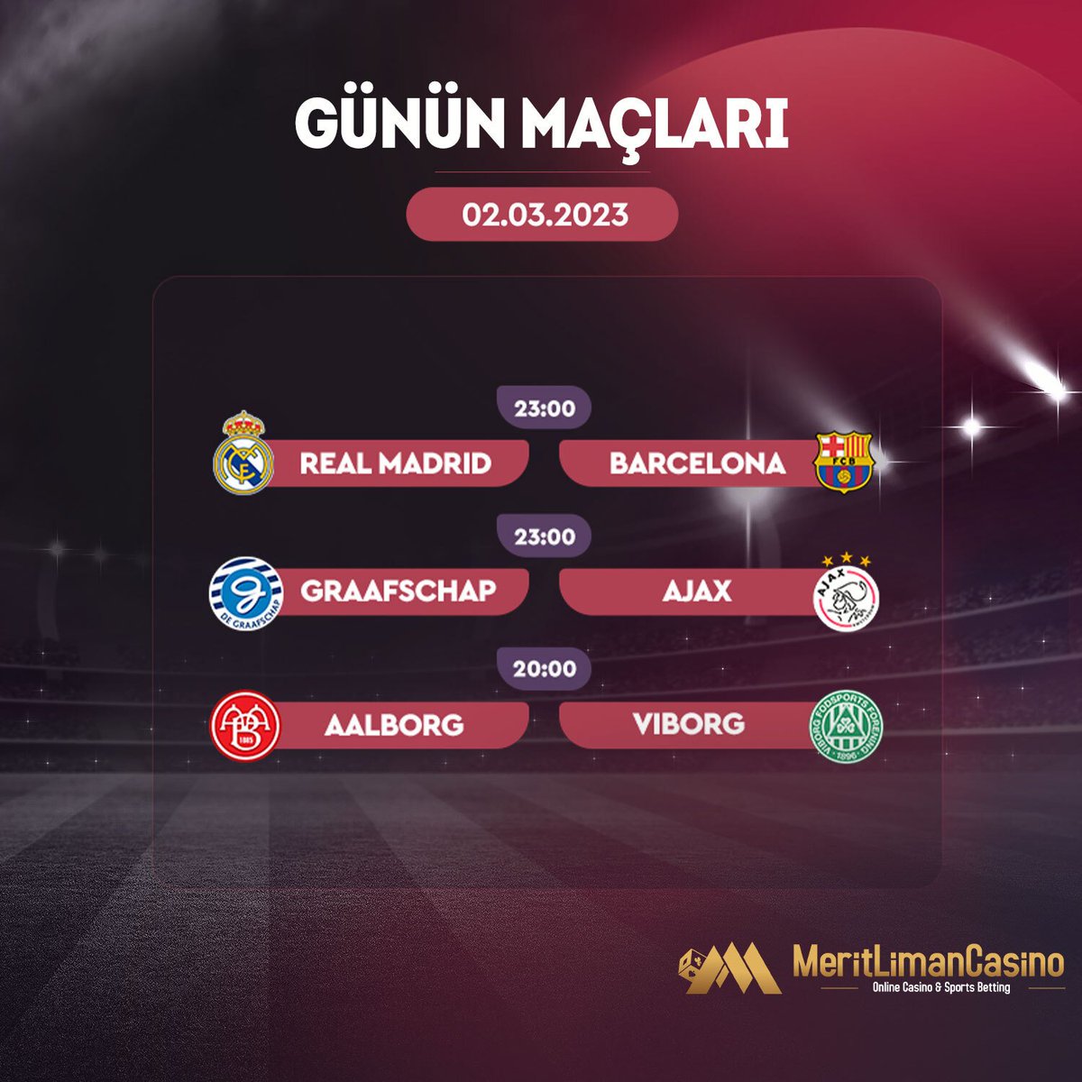 📣 #MeritLimanCasino 'da günün öne çıkan maçları;

🕖 23:00 - ⚽️ Real Madrid vs Barcelona 
🕖 23:00 - ⚽️ Graafschap vs Ajax
🕖 20:00- ⚽️ Aalborg vs Viborg