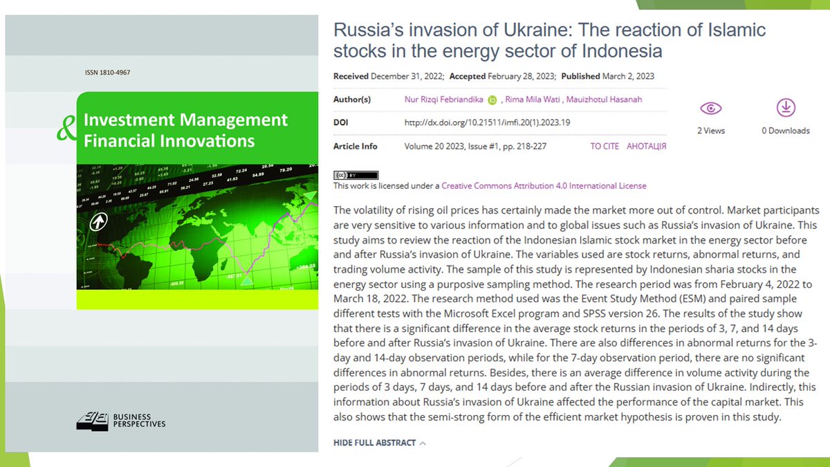 imfi_journal's tweet photo. πhttps://t.co/EB3NQZl3qj
π Russiaβs invasion of Ukraine: The reaction of Islamic stocks in the energy sector of Indonesia
π₯ Nur Rizqi Febriandika, Rima Mila Wati , Mauizhotul Hasanah
#averageabnormalreturns, #energysector, #stockreturns, #tradingvolumeactivity, #Ukraine https://t.co/xWqPHUTLAw