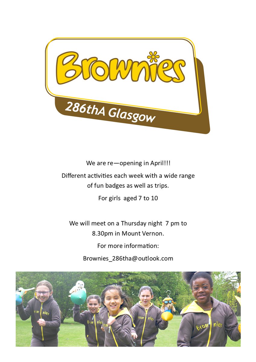 SparklyStardust's tweet photo. Our Brownies are planning on reopening in April please get in touch if interested 
@mvpglasgow @stfrancisoa @ThorntreeHT @StBridgetsPS @EastbankPri @stpaulsshet https://t.co/DsgKSqPDGQ