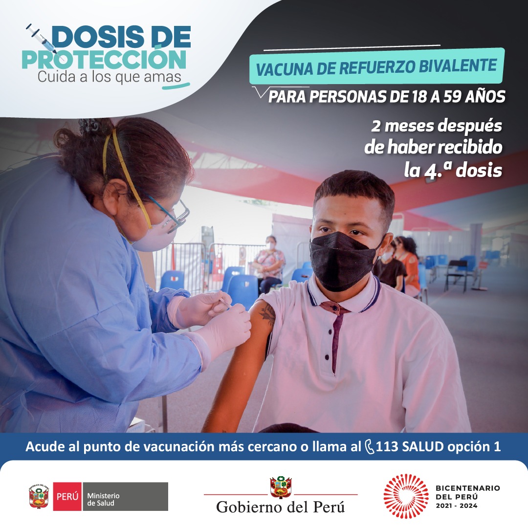 Minsa_Peru's tweet photo. Si tienes entre 18 a 59 años y ya pasaron 2 meses de haberte aplicado la cuarta dosis contra la #COVID19, acércate al centro de vacunación más cercano y colócate tu vacuna de refuerzo bivalente. #DosisDeProtección. 💉✨

➡️ Conoce más aquí: https://t.co/1onsCpXSWa https://t.co/EXrdgquGov