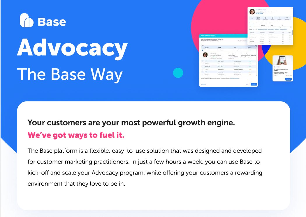 At Base, every customer in your base can be an advocate or deliver outcomes that will help you achieve your customer marketing goals.  Learn more in this overview of Advocacy - The Base Way. 
hubs.ly/Q01DWPMT0
#customermarketing #customerledgrowth
