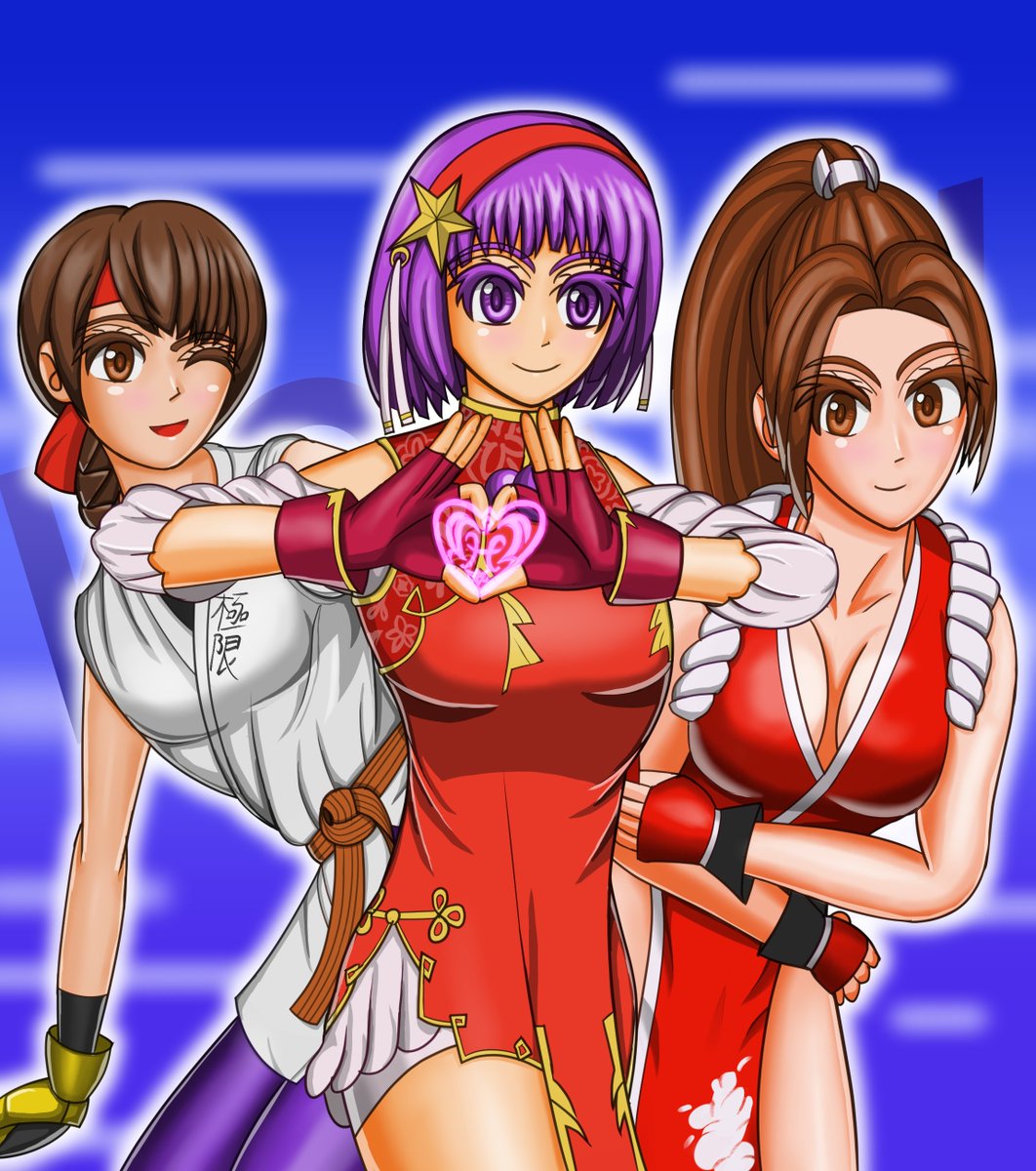 麻宮アテナ、不知火舞、ユリ・サカザキによるスーパーヒロインチームです
#KOFXVイラストコンテスト 
#格ゲーキャラ描こうぜ