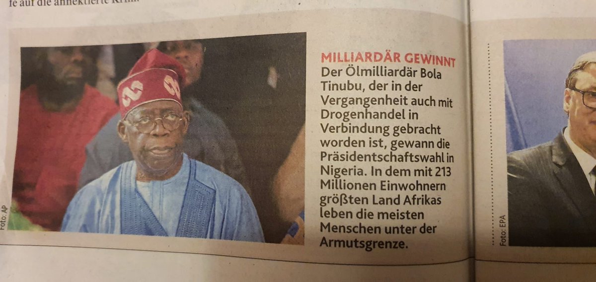 AfamDeluxo's tweet photo. This is Austria newspaper report on Bola Ahmed Tinubu.  

The English translations is: 

"A billionaire who is a drug  dealer won the largest African country's election." https://t.co/31WYczjQ4K