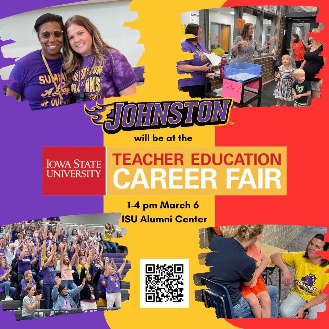 Do you know of a college student who would love to be a teacher in Johnston? If so, let them know that Johnston will be at the ISU Teacher Education Career Fair, 1-4 p.m. Monday, March 6 at the ISU Alumni Center. Learn more about our jobs &amp; apply at johnstoncsd.org/careers 💜💛❤️