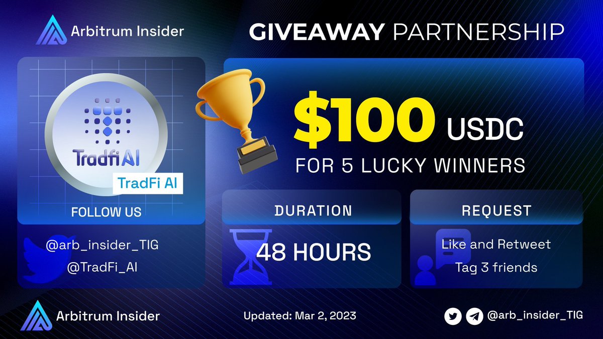 arb_insider_TIG's tweet image. We are holding a series of Giveaway Collab

Our next guest: @TradFi_AI 

🔥Arbitrum Insider x TradFi AI #Giveaway Collab🔥

🎁$100 USDC for 5 lucky winners

To enter:
✅Like, RT
✅Follow @arb_insider_TIG &amp;amp; @TradFi_AI
✅Tag 3 Friends