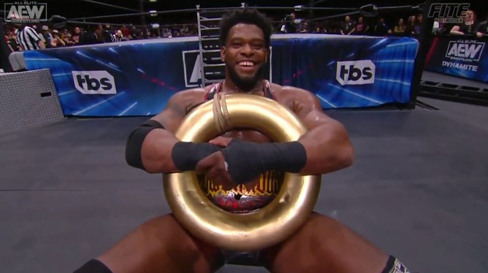 wrestletonin's tweet image. Powerhouse Hobbs can now sit in comfort after winning the Preperation H Ring ladder match for the golden doughnut cushion