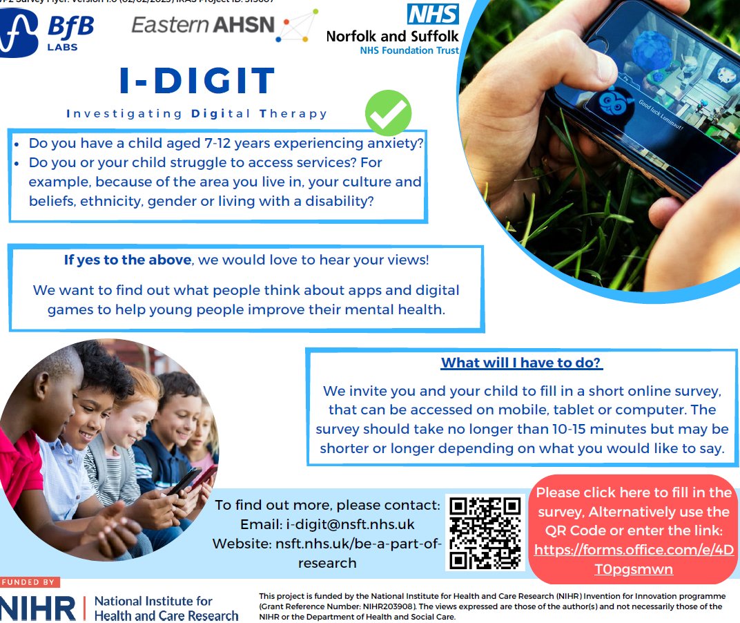If you have a child aged 7-12 with anxiety, and find it hard to access support, please take part in the I-DIGIT research survey to share yours and your child's views about the use of digital games and technologies designed to help reduce their worries. forms.office.com/e/4DT0pgsmwn