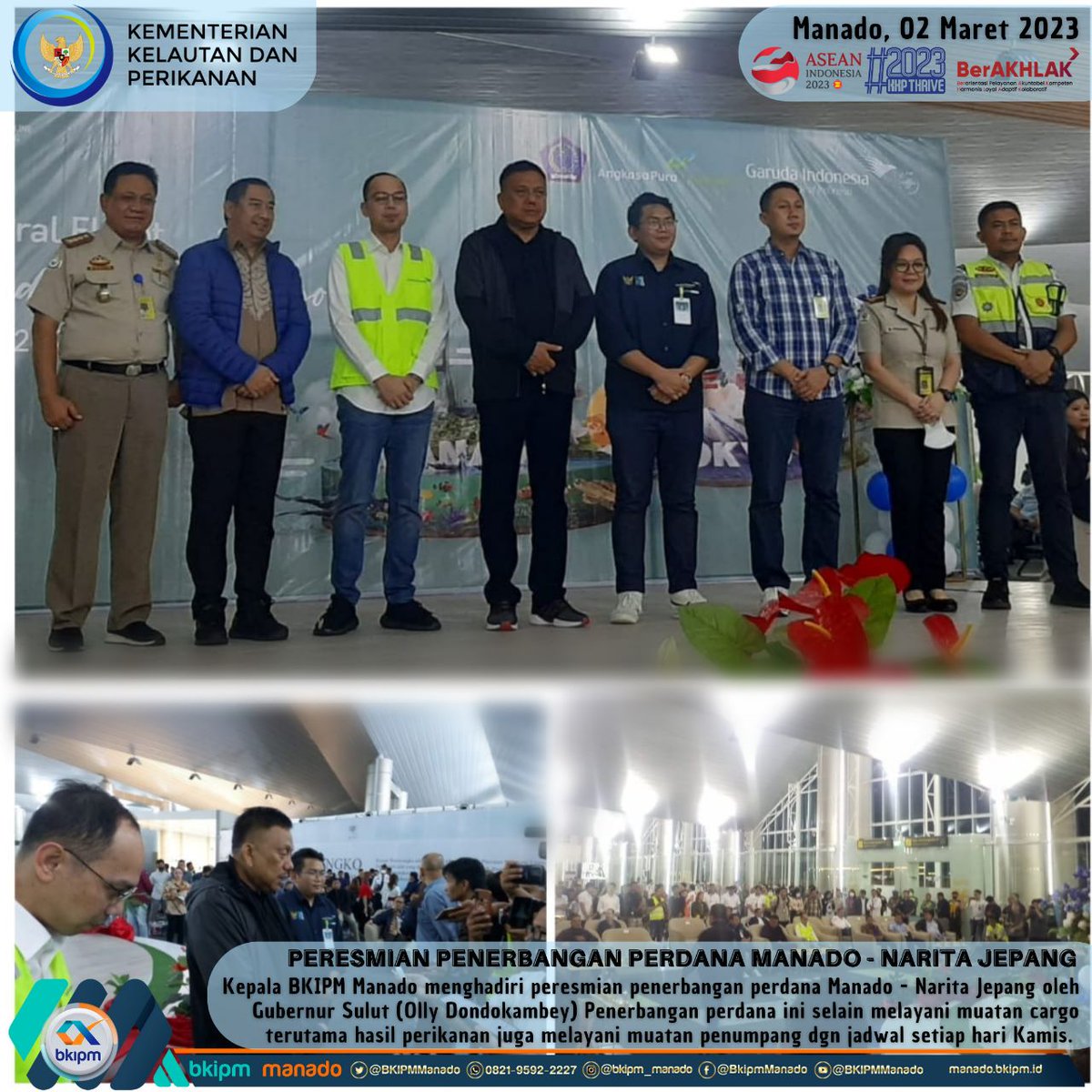 BPPMHKP_Manado's tweet photo. Hai #SahabatBahari Kepala BKIPM Manado menghadiri peresmian penerbangan perdana Manado - Narita Jepang oleh Gubernur Sulut. Penerbangan perdana ini selain melayani muatan cargo terutama hasil perikanan juga melayani muatan penumpang
#KKPThrive 
@kkpgoid 
@bkipm_kkp 
@Muhlin21 https://t.co/GPVA1GLq1L
