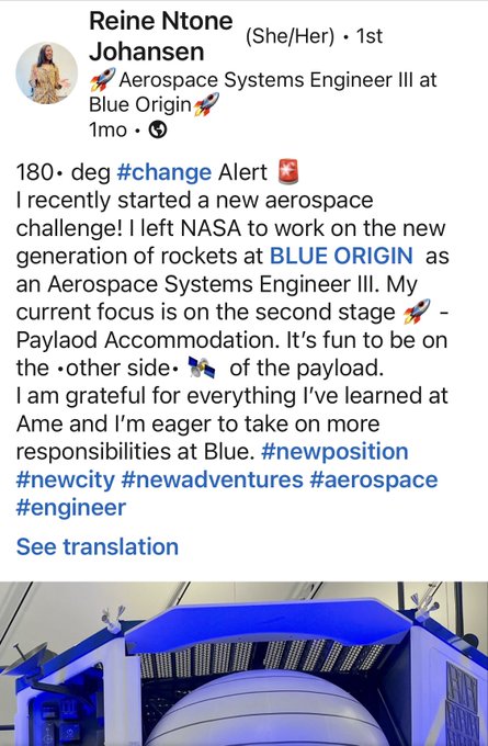 TheCameroonianZ's tweet photo. Reine-Dominique Ntone Sike - la première femme scientifique camerounaise à intégrer la NASA.
Elle travaille maintenant pour Blue Origin comme Aerospace Systems Engineer III.
#Cameroon 🇨🇲 #IWD #JIF https://t.co/Kae2Sgi4Nr