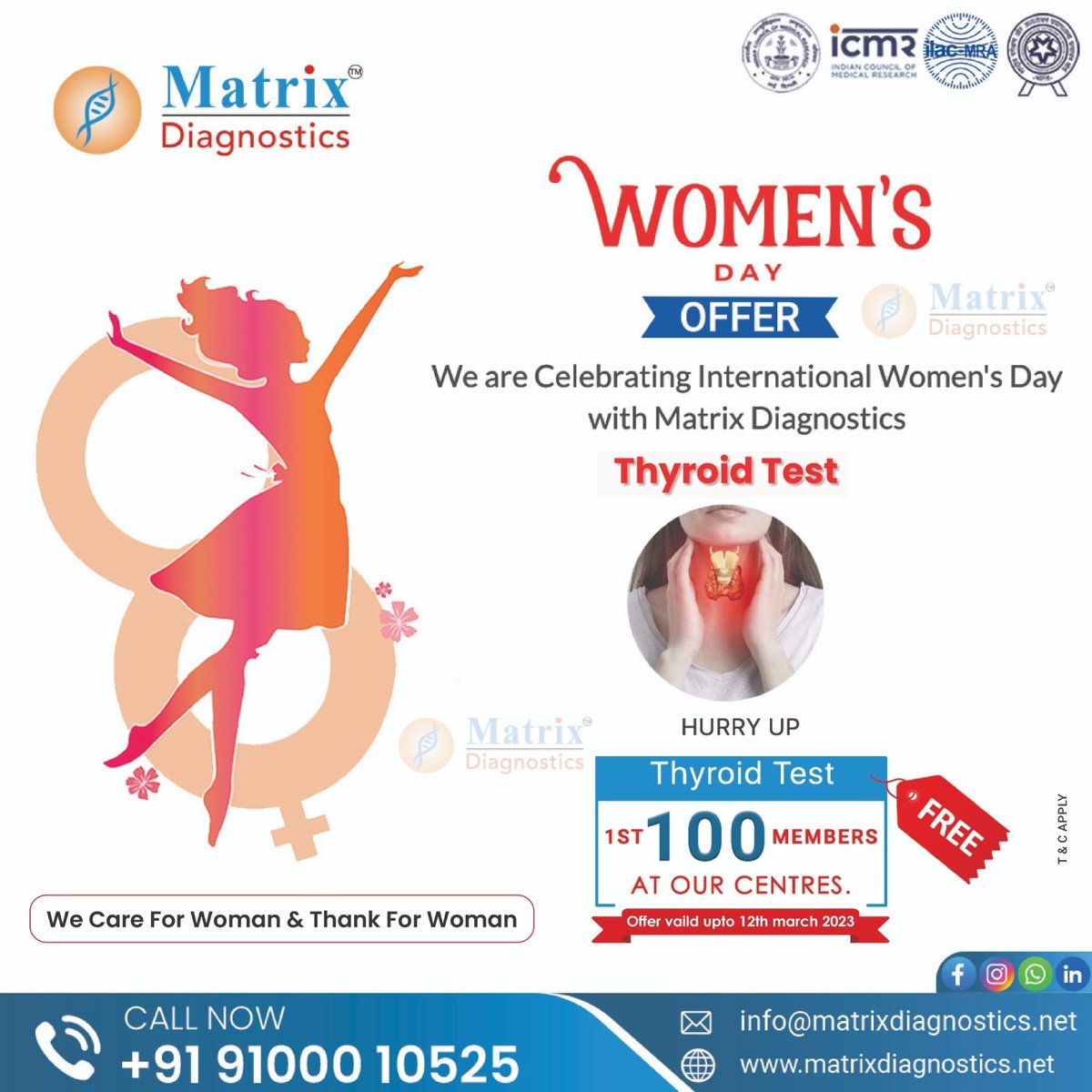 MatrixDiagnost1's tweet image. We are Celebrating International Women's Day with Matrix Diagnostics Thyroid Test 1st 100 Members at our centers free consultant Offer valid upto 12th march 2023 HURRY UP

Contact us: +91 9100010525

Visit: matrixdiagnostics.net

#bestoffer #thyroidtest #WomensDayOffer