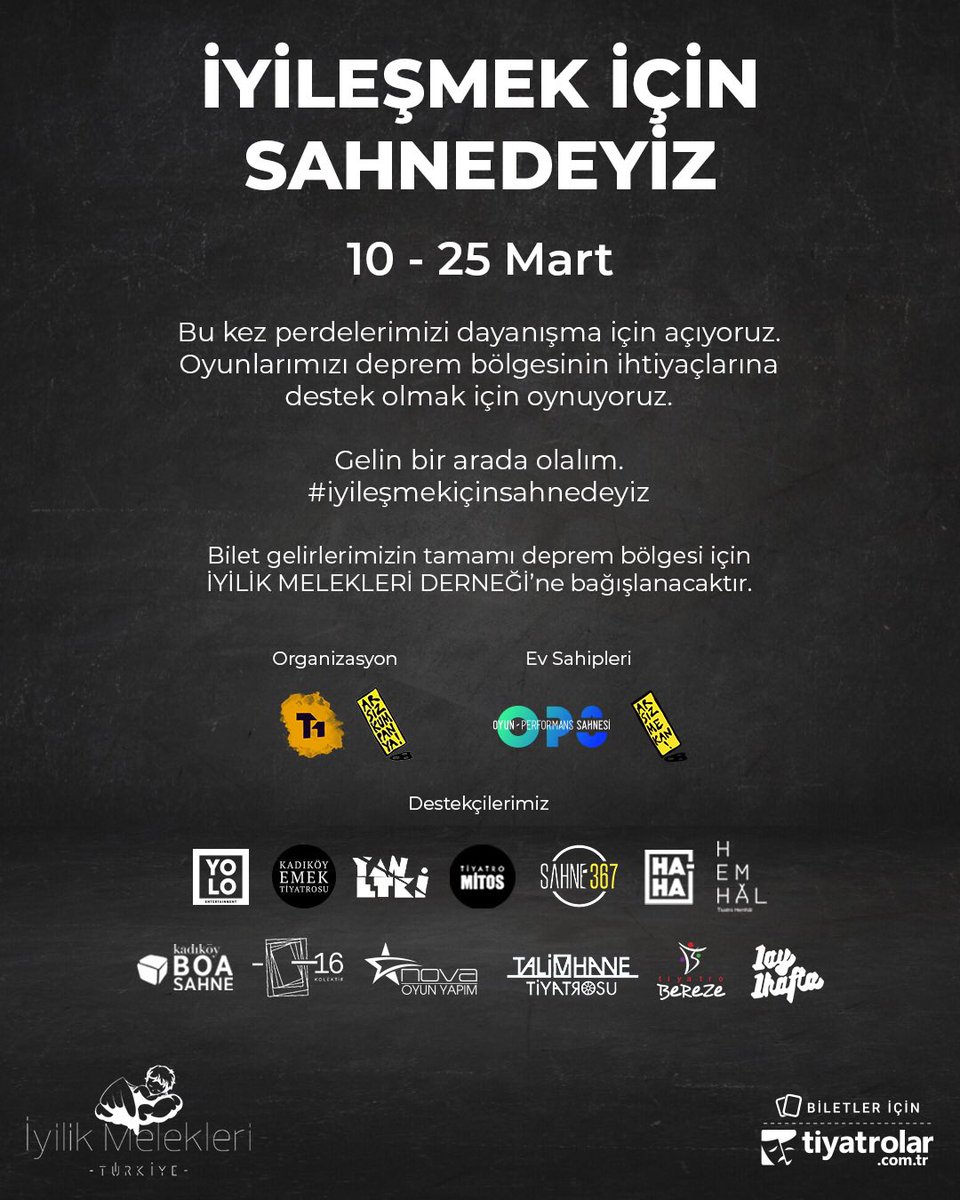 Sahne367's tweet photo. Perdelerimizi bu kez İYİLEŞMEK için açıyoruz!

Ülkemizin yaşadığı deprem faciasından sonra deprem bölgesine destek olabilmek için 16 tiyatro ekibi bir araya geldik. 10-25 Mart tarihleri arasında etkinlik kapsamında oynanacak oyunların gelirlerinin tamamı sahada aktif ++ https://t.co/QJc4ntbNKn