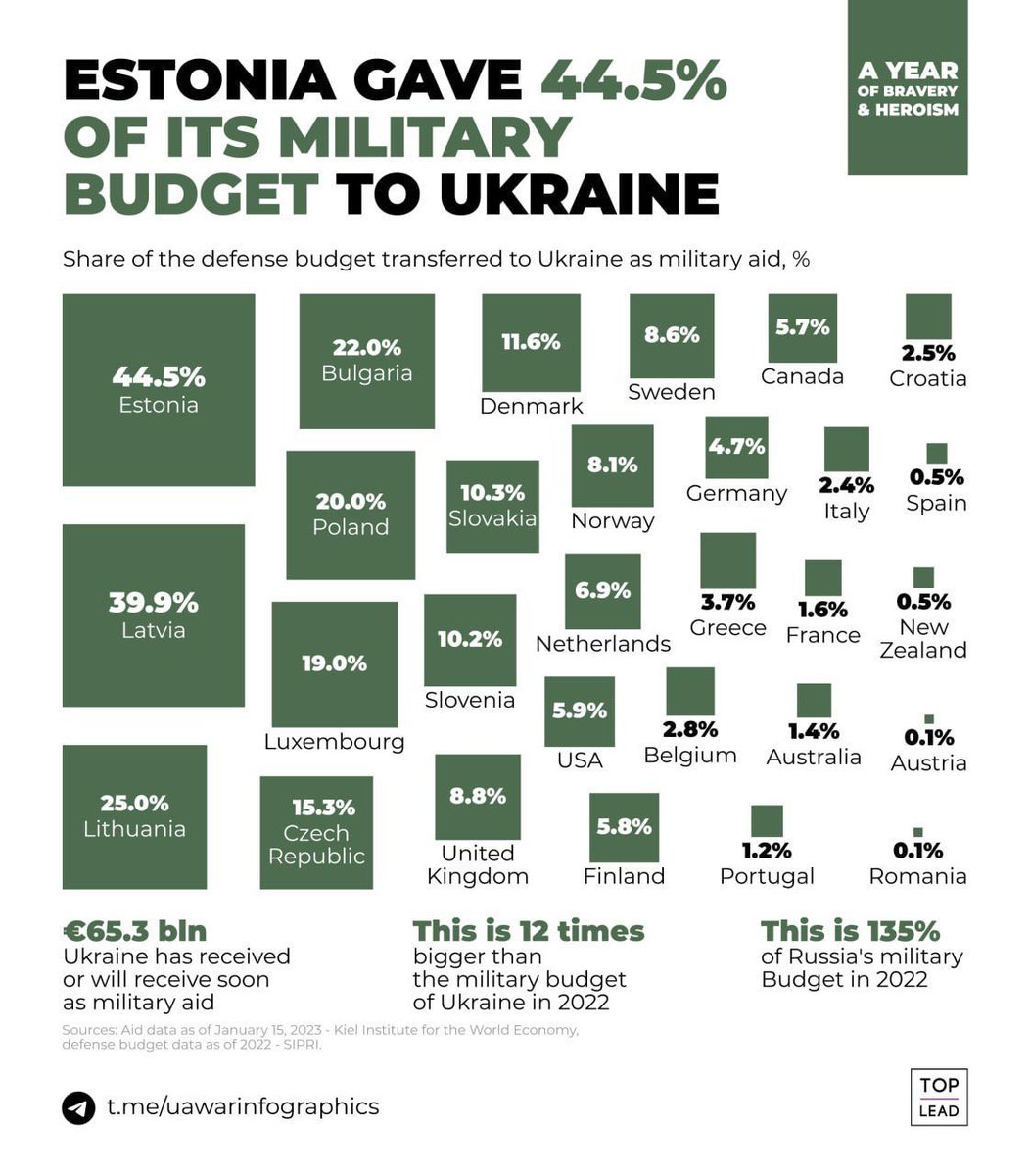 SMUMustangAlum's tweet photo. Estonia 🇪🇪 has given 44.5% of its military budget to Ukraine. 

Poland 🇵🇱 20%, the Czech Republic 🇨🇿 15.3%, Great Britain 🇬🇧 8.8% https://t.co/CIeM1Pep3M