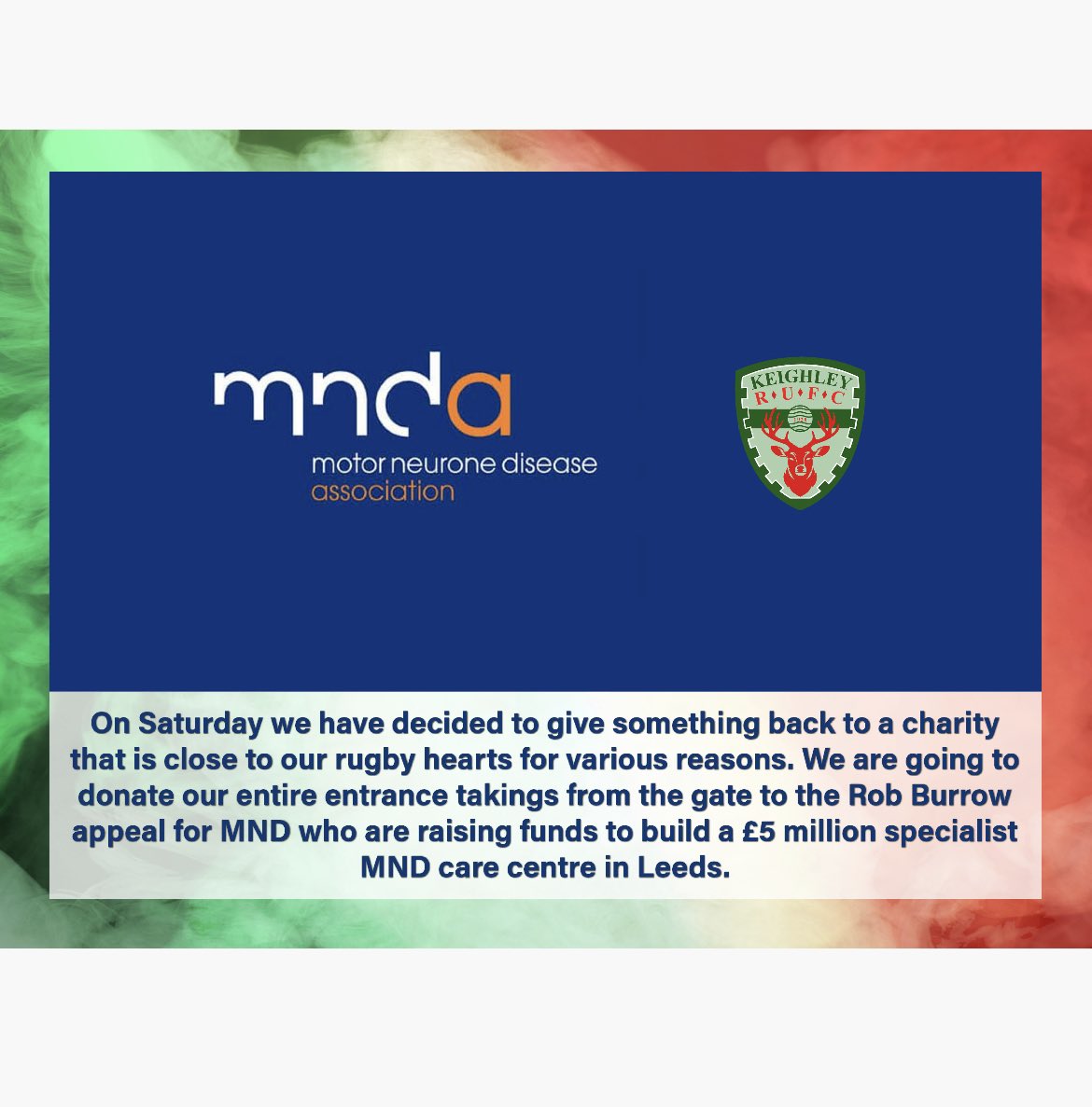 Fantastic that Keighley Rugby Union Club are to donate their entire gate takings from this Saturdays final home game of the season to MNDA. Maybe we can get more clubs to follow??? <a href="/Rob7Burrow/">Rob Burrow CBE</a> <a href="/mndresearch/">MND Research</a> <a href="/MNDoddie5/">My Name'5 Doddie Foundation</a> @KeighleyRUFC