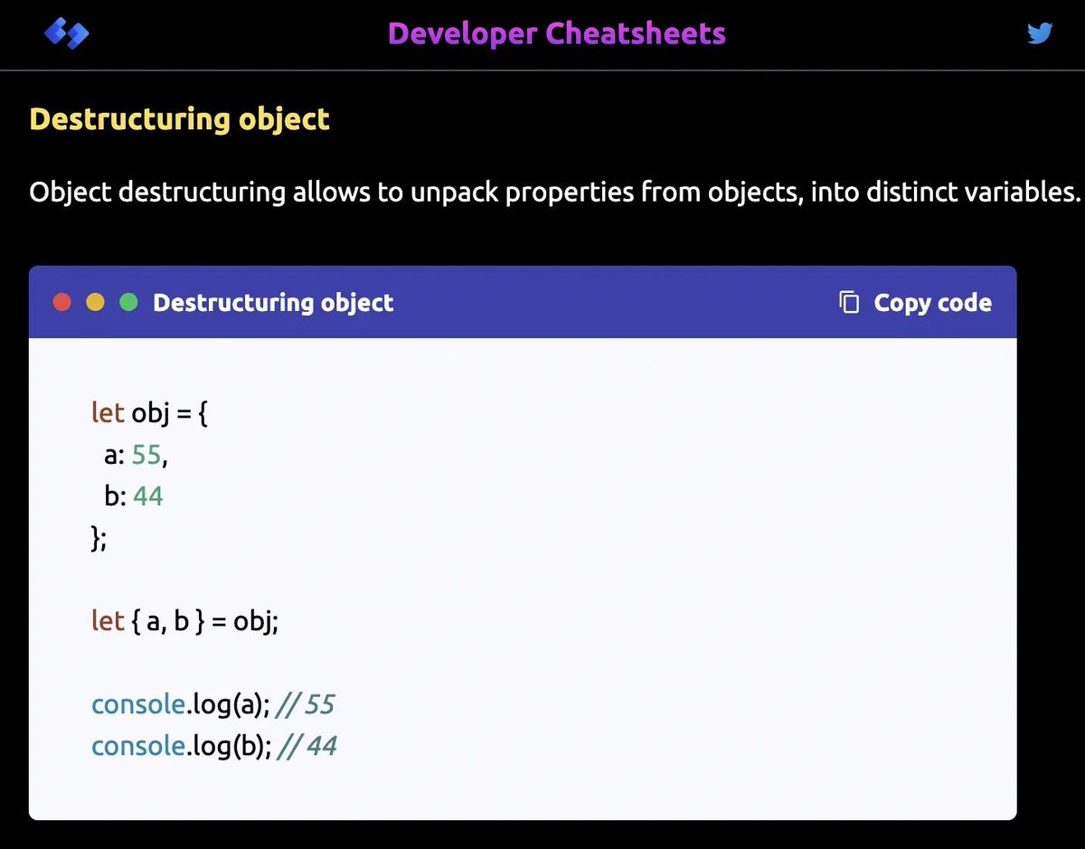 DevCheatsheets's tweet image. Object destructuring - daily dose of JS.

Web Dev cheatsheets @ developercheatsheets.com

#webdevelopment #developer #cheatsheets #javascript #coding #reactjs