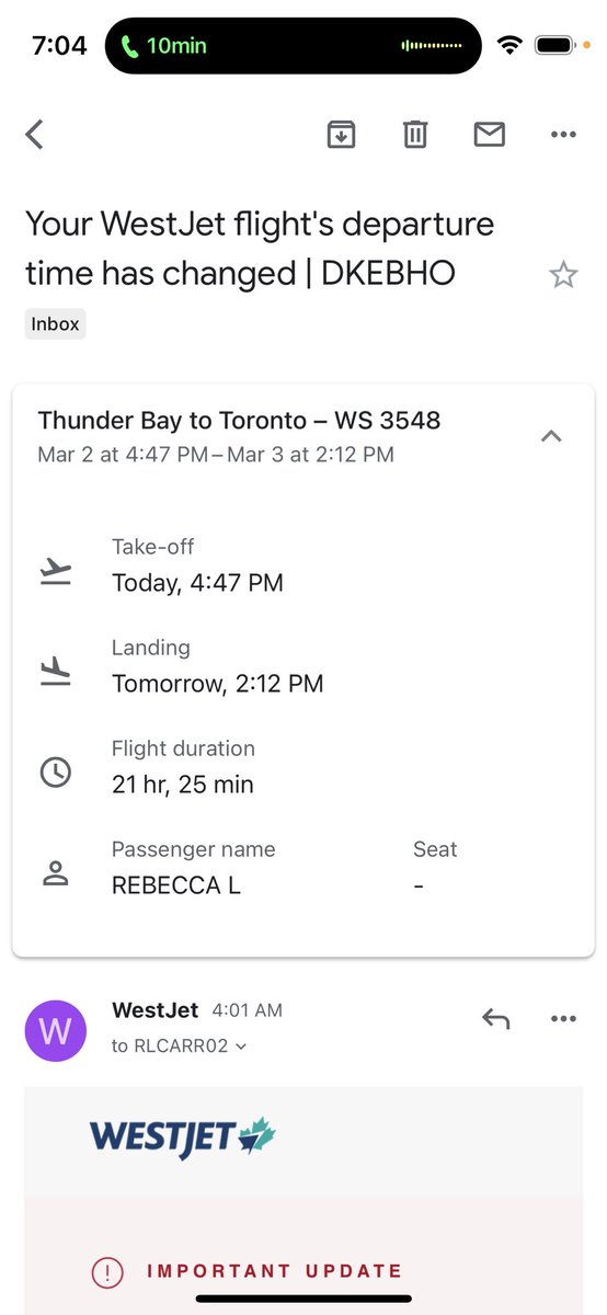 therealsmeagss's tweet photo. @WestJet sent me an email giving stating a one day delay but when I phoned in for help and possibly different flight options I was informed we could still make a connection at Pearson. So an email says we won’t make the connection but every service agent and support says diff. https://t.co/veO11DT5yJ