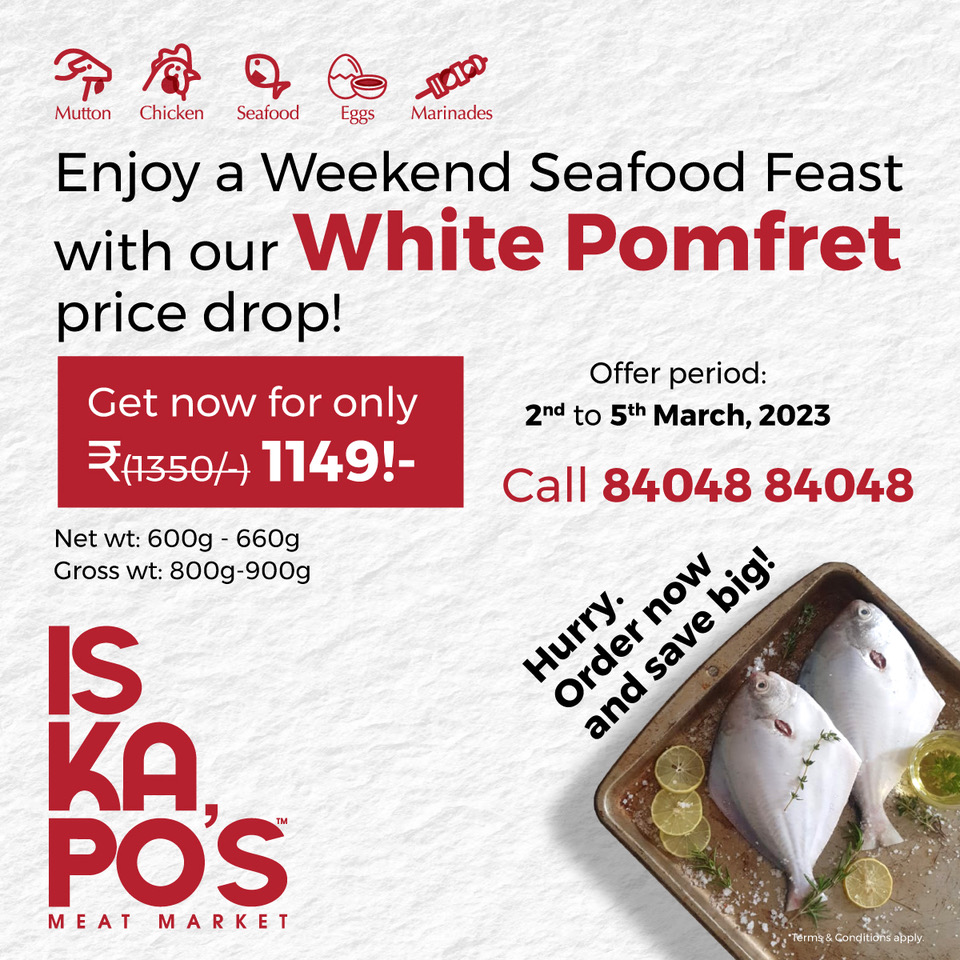 Iskapomeats's tweet photo. #IskaposDelight
Surprise of the month. Buy White Pomfret worth Rs 1350 at just Rs 1149! Hurry offer is valid from 2 March to 5 March only. Visit https://t.co/eHNyjeFji8 &amp; ORDER NOW! https://t.co/W3gJiD0YRr
