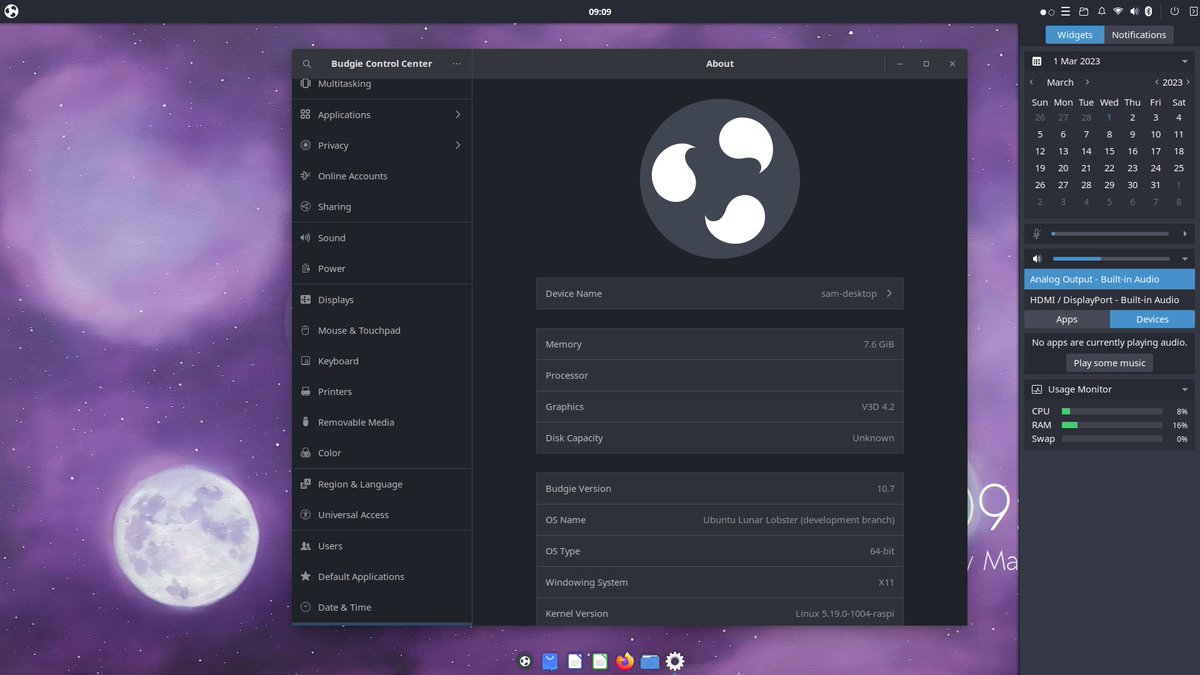 UbuntuBudgie's tweet image. ... testing our #ubuntubudgie 23.04 #Raspberry_Pi image. Everything looks great - audio works nicely. We look forward to testing the new kernel due soon(ish).
Also available is our new 22.04.2 raspi pi image (thx Sam)
ubuntubudgie.org/downloads/