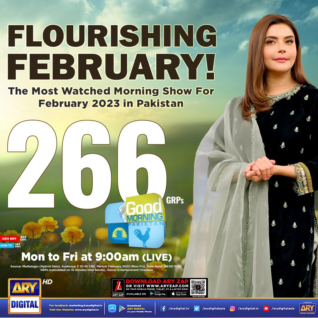 A flourishing February for #GoodMorningPakistan! Thank you to all the viewers for showing immense love and gratitude! Watch it from Monday to Friday at 9:00 AM - only on #ARYDigital #GMP #NidaYasir #February #February2023