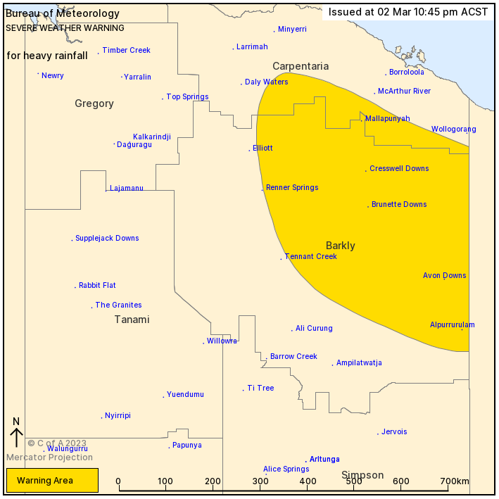 ⚠️ Severe Weather Warning updated for heavy rainfall from the tropical low, now located over the Barkly district and slowly moving east. Heavy rainfall has eased from Tennant Creek and the warning no longer covers that location. Further details at: ow.ly/3spa50N71UT