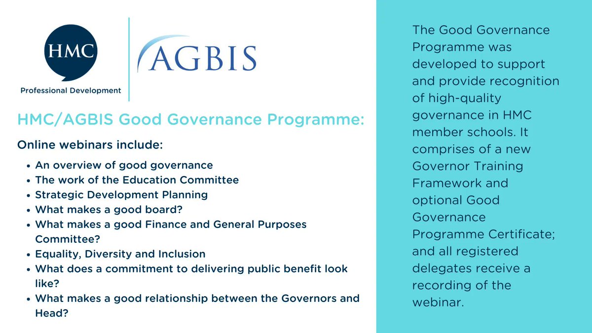 Congratulations to @HMC_Org's St Columba's School @StColSchool on the successful completion of the @AGBIS2 @HMCPD #GoodGovernance Programme. Recordings are available for webinars, so there's still time to gain certification this academic year. Book
here: buff.ly/3dUJk9A