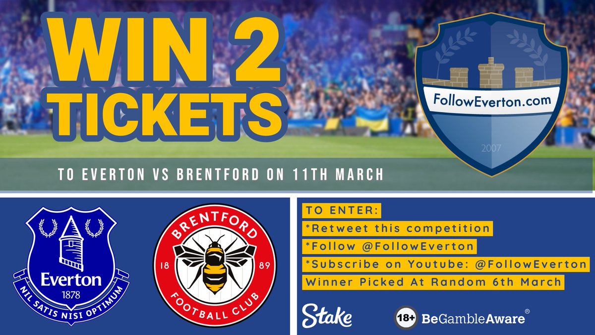 FollowEverton's tweet photo. Win Two Tickets to Everton vs Brentford! 🔵

Courtesy of Stake, the main sponsor of Everton. To enter:

1) Follow @FollowEverton
2) Retweet this!
3) Subscribe to us on YouTube: https://t.co/Zqhs07q7Hf

Winner picked at random on 6th March.

Terms: https://t.co/4NrXKDlgGU https://t.co/HkI3gO4Zgl