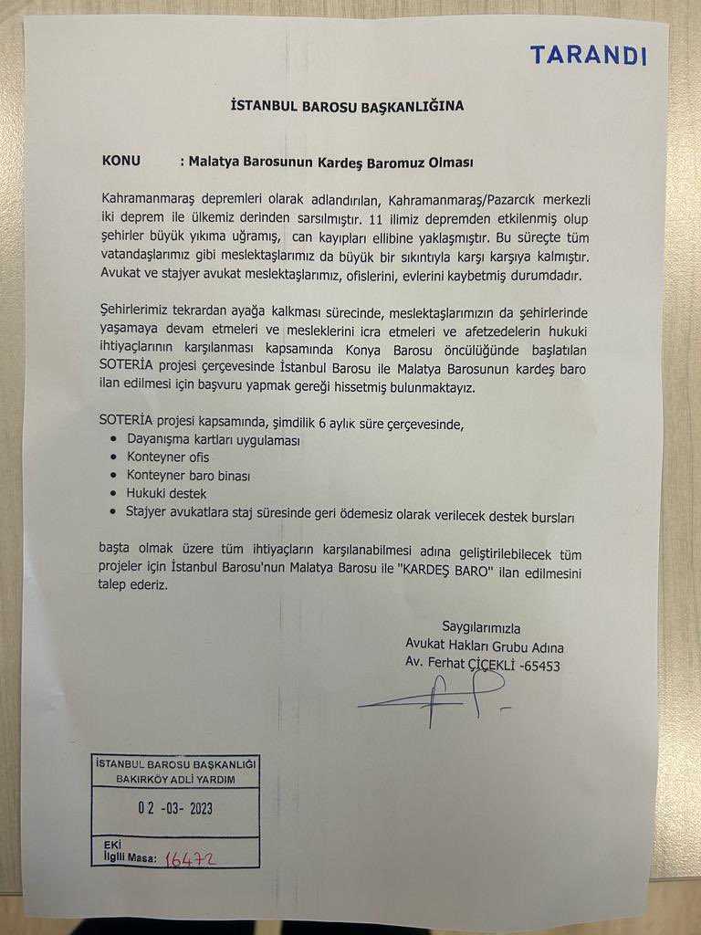 Zor günlerinde meslektaşlarımız ve barolarımız dayanışma bekliyor.
İstanbul Barosu'nu
Malatya Barosu'na kardeş olmaya çağırıyoruz!

#IstanbulMalatyaKardeşBaro
@IstBarosu <a href="/malatyabarosu/">MALATYA BARO BAŞKANLIĞI</a>