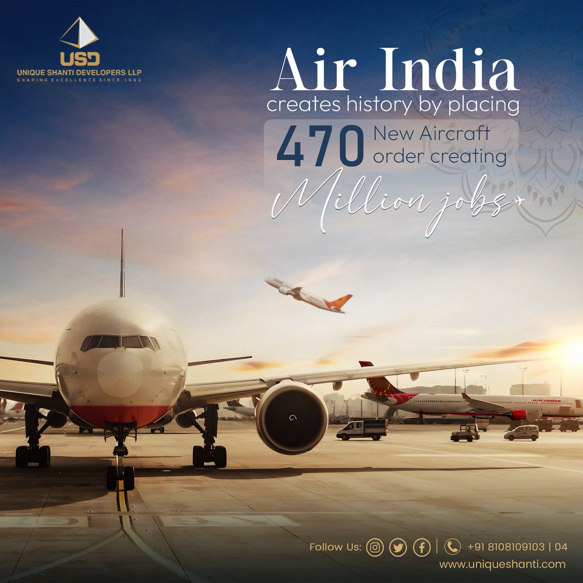 #AirIndia purchase of #470AirCraft from #Boeing & Airbus is a significant milestone for the #Aviation industry & global #Economy. The positive impact will be leading to increased #EconomicActivity & prosperity.

#UniqueShantiDevelopers #EconomicDevelopment #EconomicGrowth