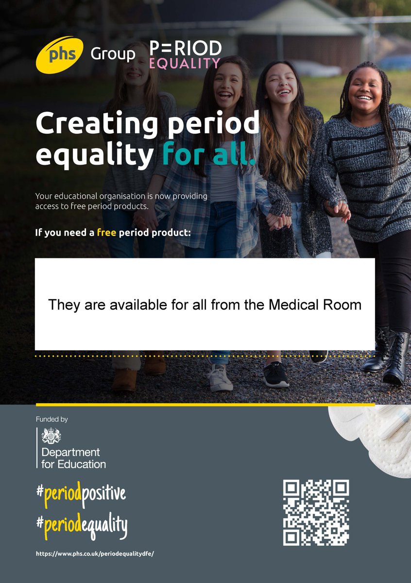 Free sanitary products are available from the Medical Room #periodpositive #periodequality