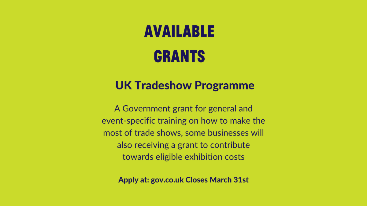 Look what we found on GrantFinder!

The UK Tradeshow Programme (UKTP) is an enhanced trade show support service which aims to educate UK-based small and medium-sized enterprises (SMEs) about the benefits of exhibiting at overseas tradeshows.

#BusinessSupport #BusinessDevelopment