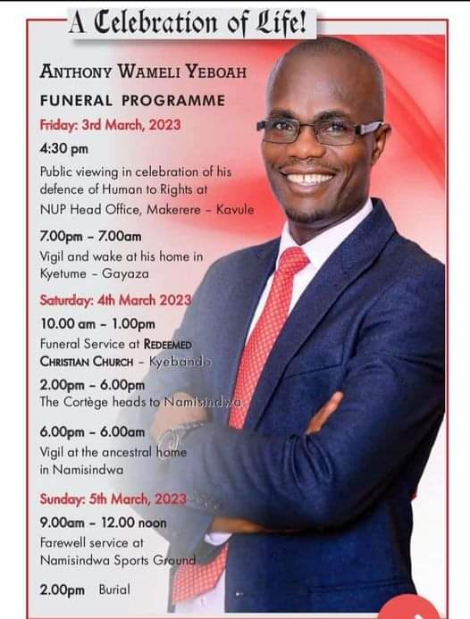 Henryba22495880's tweet image. Enteekateeka z&apos;okukungubagira n&apos;okuziika eyali munnamateeka omukulu owa @NUP_Ug Counsel Anthony Wameli zifulumiziddwa.
#CBSFmUpdates