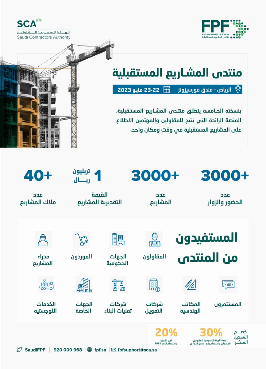 SaudiFPF's tweet photo. يسر #الهيئة_السعودية_للمقاولين إعلان موعد النسخة 5 من #منتدى_المشاريع_المستقبلية في 22-23 مايو 2023م في الرياض، بحضور عدد من المقاولين والمهتمين للاطلاع على المشاريع المستقبلية التي تستعرضها أكثر من 35 جهة حكومية وخاصة، محلية ودولية

للتسجيل: https://t.co/saV4kqdNcl

#FPF2023 https://t.co/OI2WsABzvo