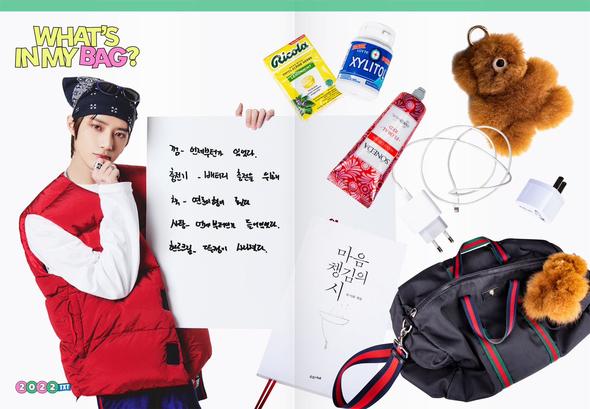 flannelgyu's tweet image. beomgyu’s what’s is my bag 

chewing gum
charger
book
candy 
hand cream