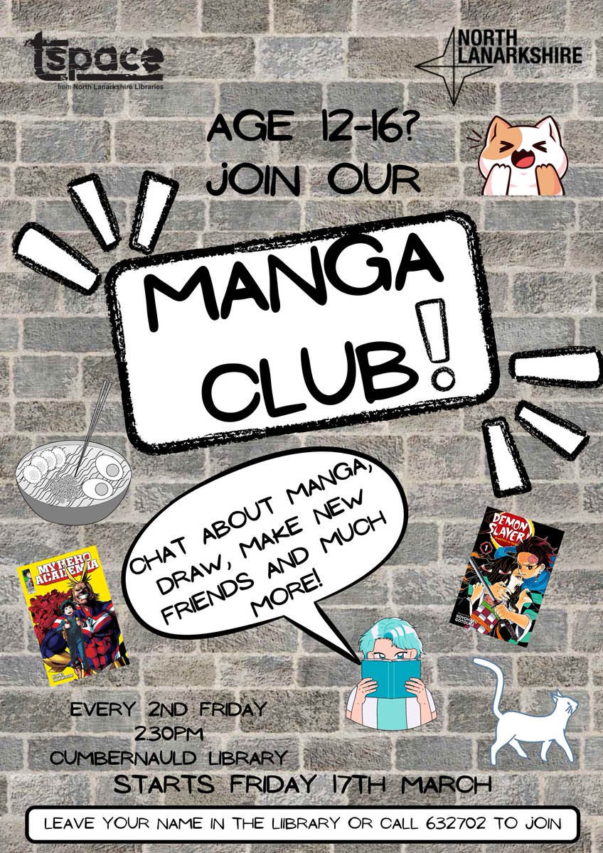Calling all Manga fans! Manga Club is on every second Friday at 2.30pm from 17th March at Cumbernauld Library.