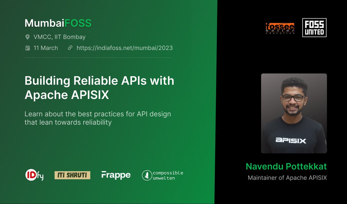 📢 Our next speaker for #MumbaiFOSS conference is @sudo_navendu 

Navendu will speak about best practices on API designs with Apache APISIX.

Join us on 11th March. 
Register: indiafoss.net/Mumbai/2023

#opensource #opensourcecommunity