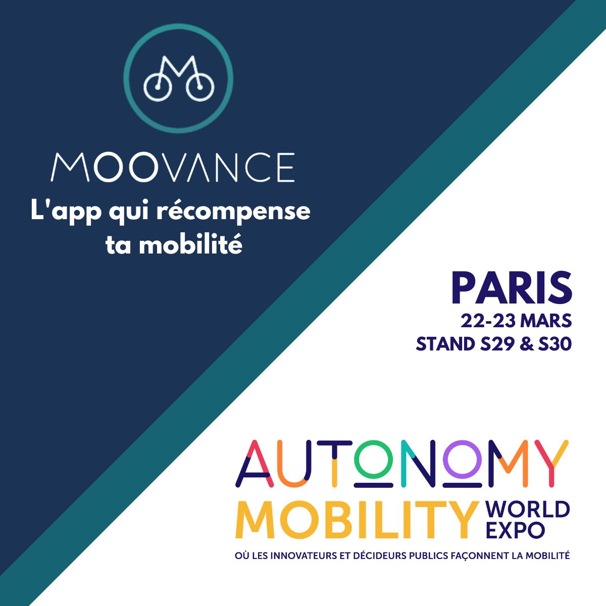 Exciting news! @Moovance sera présente à la 7ème édition du salon #Autonomy Mobility World Expo à Paris le 22/23 mars ! 
Venez nous rendre visite sur le Stand S29/S30 pour découvrir notre application qui récompense l'#écomobilité. 
#AMWE #MobilitéPartagée #Innovation #smartcity